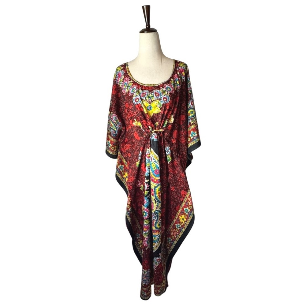 True Rock Caftan Dress Women OS Red Floral Print Maxi Kaftan Boho Coverup Kimono